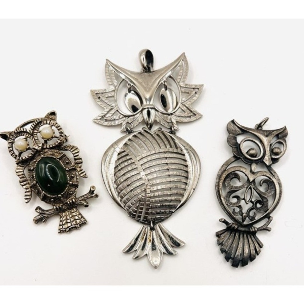 3 Vintage 2 Pendants1 Topino Brooch‎ Silver Owls 3" / 2#